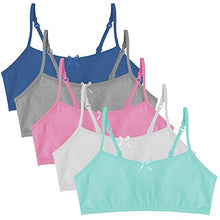 Load image into Gallery viewer, Popular Cotton Girls Training Bra - Crop Cami Training Bras for Girls w Adjustable Straps. Bra Pack 5 PK Brights 10/12