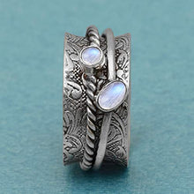 Load image into Gallery viewer, Spinner Ring|| Moonstone Gemstone Two Spin Band Textured Design 925 Sterling Silver Handmade Handmade Finish Meditation Fidget Ring (7)