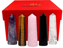 Load image into Gallery viewer, Premium Set of Five Large 3" Crystal Wands - Clear Quartz, Amethyst, Rose Quartz, TIgers Eye, Black Obsidian Crystals and Healing Stones - Fully Charged - Ready for Use/Display in Home or Office Decor