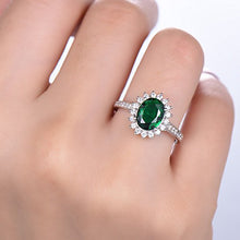 Load image into Gallery viewer, Lab Created Emerald Engagement Ring Green Gemstone Solid 14k White Gold CZ Diamond Halo Flower Vintage
