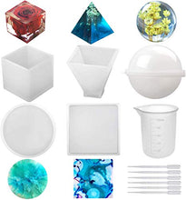 Load image into Gallery viewer, Silicone Resin Molds 5Pcs Resin Casting Molds Including Sphere, Cube, Pyramid, Square, Round with 1 Measuring Cup & 5 Plastic Transfer Pipettes for Resin Epoxy, Candle Wax, Soap, Bowl Mat etc