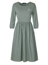 Load image into Gallery viewer, MEROKEETY Women's 3/4 Balloon Sleeve Striped High Waist T Shirt Midi Dress with Pockets