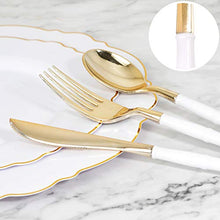 Load image into Gallery viewer, WDF 90Pieces Gold Plastic Silverware-Gold Plastic Cutlery with White Handle- Heavyweight Disposable Flatware Include 30Forks, 30 Spoons, 30 Knives