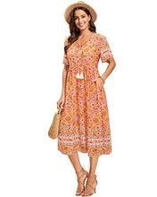 Load image into Gallery viewer, Arach&Cloz Women's Boho Tie Neck Printed Short Sleeve Floral Summer Loose Tassels Casual Midi Dress with Pockets (Floral01,S)