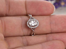 Load image into Gallery viewer, White sapphire Engagement Ring 14K White Gold 5x7mm Oval Cut Sapphire Halo Ring Criss Cross Ring, Twist Band SI I-J Diamonds VS White Gemstone