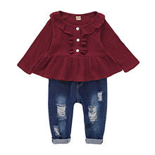 Load image into Gallery viewer, Baby Girl Outfits 6-9 Months Infant Baby Clothes Red Ruffle Sleeve Shirt Toddler Ripped Jeans Denim Pants Set 6-12 Months Girl Clothes
