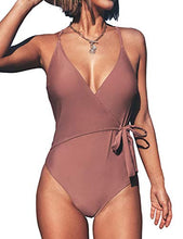 Load image into Gallery viewer, CUPSHE Women's One Piece Swimsuit Wrap Tie Side Cross Back Swimwear Bathing Suits Brown XS