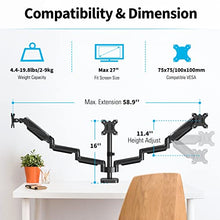 Load image into Gallery viewer, MOUNTUP Triple Monitor Desk Mount, 3 Monitor Stand for Three Max 27 Inch Computer Screen, 4.4-19.8lbs Heavy Duty Gas Spring Triple Monitor Arm Holder, VESA Bracket with Clamp/Grommet Base, Black
