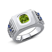 Load image into Gallery viewer, Gem Stone King 2.49 Ct Green Peridot Blue Created Sapphire 925 Sterling Silver Men's Ring (Size 10)