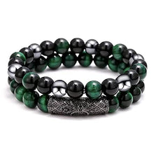 Load image into Gallery viewer, 2Pcs Triple Protection Bracelet,Natural Tigers Eye Black Obsidian and Hematite 8 MM Beads Bracelet for Men Women Gift, Healing Crystal Bracelet Bring Luck and Prosperity and Happiness (Green)