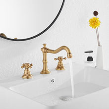 Load image into Gallery viewer, GGStudy 8 inch 2 Handles 3 Holes Widespread Bathroom Sink Faucet Antique Brass Bathroom Vanity Faucet Basin Mixer Tap Faucet Matching Metal Pop Up Drain with Overflow