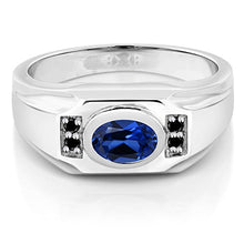 Load image into Gallery viewer, Gem Stone King 1.77 Ct Oval Blue Created Sapphire Black Diamond 925 Sterling Silver Men's Ring (Size 7)
