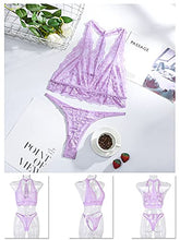 Load image into Gallery viewer, Kaei&Shi Sexy Bra and Panty Sets,Plunge Scalloped Floral Lace Lingerie for Women,Halter Racerback Bralette Matching Two Piece Lingerie Set Boudoir Purple Large