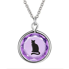 Load image into Gallery viewer, LovePendants 16-18" Pendant/Necklace in Purple Swarovski Crystal with Black Enameled Sitting Cat Engraving in Sterling Silver.