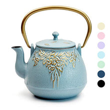 Load image into Gallery viewer, Teapot, TOPTIER Japanese Cast Iron Tea Kettle with Stainless Steel Infuser, Cast Iron Teapot Stovetop Safe, Leaf Design Teapot Coated with Enameled Interior for 32 Ounce (950 ml), Turquoise Blue