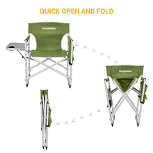 Load image into Gallery viewer, FUNDANGO Portable Lightweight Folding Camping Director Chair with Side Table Oversized Camp Chair Aluminum Fold Up Chair Heavy Duty Holds up to 300lbs, Green, 19" D x 25.2" W x 34.5" H