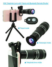 Load image into Gallery viewer, Cell Phone Camera Lens Kit,11 in 1 Universal 20x Telephoto Lens,0.63Wide Angle+15X Macro+198°Fisheye+2X Telephoto+Kaleidoscope+CPL/Starlight/Eyemask/Tripod/Remote,for Most Smartphone (Black)