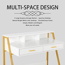 Load image into Gallery viewer, Modern Writing Desk with Hutch - 39” x 19” Workstation Computer Work Study Table for Home Office Furniture Vanity Make Up Desk, 3 Tier Storage Shelf and 2 Drawers (White/Gold)