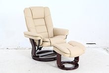 Load image into Gallery viewer, JC Home Argus Ultra-Plush Bonded Leather Swiveling Recliner with Mahogany Wood Base and Matching Ottoman - Vanilla