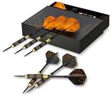Load image into Gallery viewer, CC-Exquisite Professional Steel Tip Darts Set - 6 x 22g Brass Barrels with 12 Flights Standard/Slim, 12 Aluminum Shafts 35/48mm, 12 O-Rings, Dart Tool, Dart Sharpener and Case (Black & Gold)