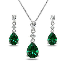 Load image into Gallery viewer, Sterling Silver Synthetic Green Quartz & White Topaz Pear-Cut Teardrop Dangling Stud Earrings & Necklace Set