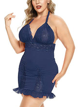 Load image into Gallery viewer, Women's Sexy Plus Size Lingerie Halter Cross straps Babydoll Lace Trim Chemise Sleepwear (Blue, X-Large)
