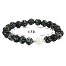 Load image into Gallery viewer, Genuine Semi-Precious Snowflake Obsidian Round Bead Stretch Bracelet with White Freshwater Cultured Pearl with Rhodium Plated Silver Accent, 6-1/2"