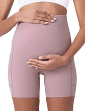 Load image into Gallery viewer, POSHDIVAH Women's Maternity Yoga Shorts Over The Belly Bump Summer Workout Running Active Short Pants with Pockets Pink 5" X-Large