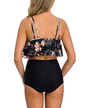 Load image into Gallery viewer, COSKAKA Women's High Neck Two Piece Bathing Suits Top Ruffled High Waist Swimsuit Tankini Bikini Sets Green & Leaves L
