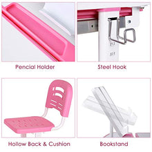 Load image into Gallery viewer, POTBY Kids Desk and Chair Set, Height Adjustable Children Study Table with Wood Tiltable Anti-Reflective Tabletop, Bookstand, Pull-Out Drawer Storage and Touch Led for School Students (Pink)