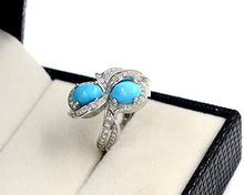 Load image into Gallery viewer, Natural Two Stone 7X5 MM Oval Sleeping Beauty Turquoise Cabochon Gemstone 925 Sterling Silver December Birthstone Solitaire Unisex Proposal Ring Anniversary Gift For Wife (Yellow Gold Rhodium Plated Silver, 8)
