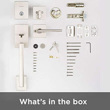 Load image into Gallery viewer, Kwikset 98180-002 San Clemente Single Cylinder Low Profile Handleset Front Door Lock with Halifax Lever featuring SmartKey Security in Satin Nickel