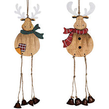 Load image into Gallery viewer, Partybus Christmas Tree Ornaments 2 Pack, Large Handmade Wood Reindeer with Burlap Hanging String Jingle Bells for Outdoor Holiday Home Door Decorations, Country Rustic Wooden Wall Décor