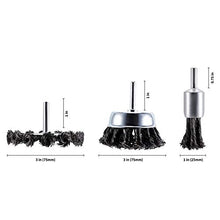 Load image into Gallery viewer, TILAX 3'' Wire Wheel Cup Brush End Brush Set 3 Pcs, Wire Brush for Drill 1/4 Inch Arbor 0.019" Carbon Steel Knotted Wire Brush Drill Bit, Drill Wire Brush Attachment, Rust Removal