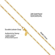 Load image into Gallery viewer, Lifetime Jewelry 1.5mm Figaro Chain Necklace Women and Men 24k Real Gold Plated (Gold, 22)