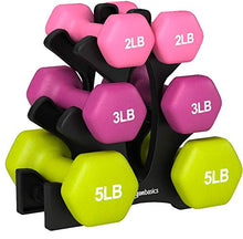 Load image into Gallery viewer, AmazonBasics Neoprene Workout Dumbbell Hand Weights, 20 Pounds Total, Pink/Purple/Green - 3 Pairs (2-Lb, 3-Lb, 5-Lb) & Weight Rack