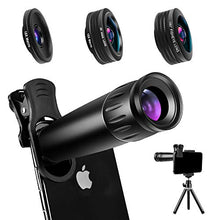 Load image into Gallery viewer, Phone Camera Lens Phone Lens 22X Telephoto Lens, 4K HD 0.67X Super Wide Angle Lens&25X Macro Lens, 205° Fisheye Lens, Work as Telescope with Metal Tripod