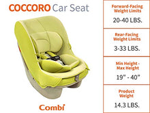 Load image into Gallery viewer, Combi Coccoro Streamlined Lightweight Convertible Car Seat | 3 Across in Most Vehicles| Ideal for Compacts| Quick Install | 50% Lighter Than Other Leading Brands| Tru-Safe Impact Protection| Key Lime