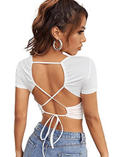 Load image into Gallery viewer, SweatyRocks Women's Basic Short Sleeve Round Neck Crop Top V Neck Black X-Small