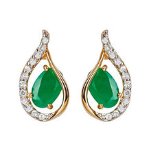 Load image into Gallery viewer, 10k Yellow Gold Genuine Oval Emerald and Diamond Curved Halo Drop Earrings