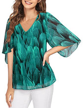 Load image into Gallery viewer, Furnex Womens Chiffon Blouses Work Casual 3/4 Sleeve V Neck Shirt Double Layer Summer Tops for Women Peacock Blue L