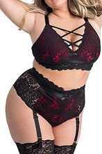 Load image into Gallery viewer, Plus Size Lingerie Set for Women, Sexy Luxe Criss-cross Bra Set Lace Cups Classic Underwear with High Waisted Suspender Thong (BlackRed, 2XL, 828e)