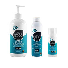 Load image into Gallery viewer, All Good Sport Mineral Face & Body Sunscreen - UVA/UVB Broad Spectrum, Water Resistant, Coral Reef Friendly, Gluten-Free - SPF 30 16 oz Pump, SPF 30 Sport Spray, SPF 50 Sport Butter Stick