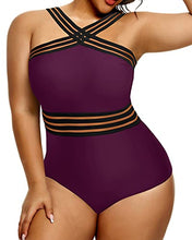 Load image into Gallery viewer, Yonique Women Plus Size One Piece Swimsuits Tummy Control Bathing Suit Front Crossover Swimwear Strapless Monokinis Purple 20W