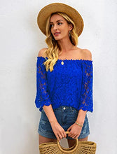 Load image into Gallery viewer, Summer Shirts for Women Casual Off The Shoulder Blouse with Lace Party Night Top Royal Blue XL