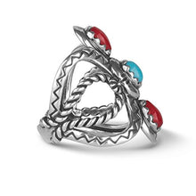 Load image into Gallery viewer, American West Sterling Silver Red Coral and Blue Turquoise Gemstone Twisted Rope & Zigzag Motif Ring Size 07