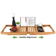 Load image into Gallery viewer, Wine Rack H Luxury Bamboo Bathtub Caddy Bath Tub Tray with Extending Sides Built in Book Tablet Holder Cellphone Tray & Integrated Wineglass Holder and Other Accessories Placement