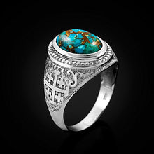 Load image into Gallery viewer, Religious Jewelry by LABLINGZ Sterling Silver Jerusalem Cross Blue Copper Turquoise Statement Ring (10.5)