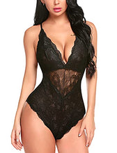 Load image into Gallery viewer, Avidlove Button Crotch Lingerie Women Deep V Lace Teddy Bodysuit One Piece Babydoll(Black,S)