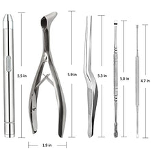 Load image into Gallery viewer, Earwax Removal Kit 5 Pcs, Ear Wax Cleaning Tool Set, Ear Pick with LED Light USB Charging, Stainless Steel Ear Curette, Earwax Tweezer, Ear Canal Dilator, Ear Wax Remover Tool with Storage Box